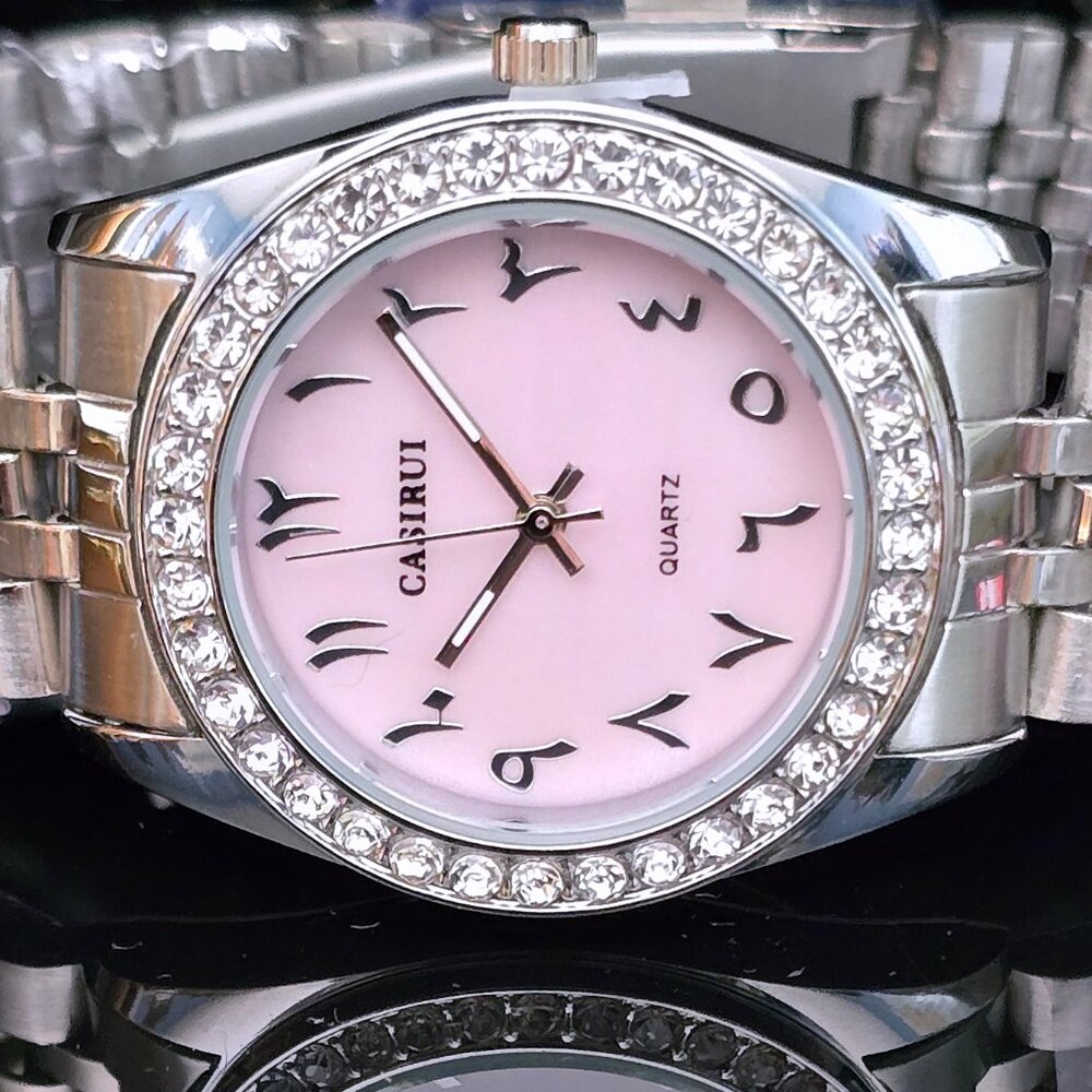 Casiru Ladies Rhinestone Bezel w/Pink Shell Dial Quartz Watch Stainless Bracelet